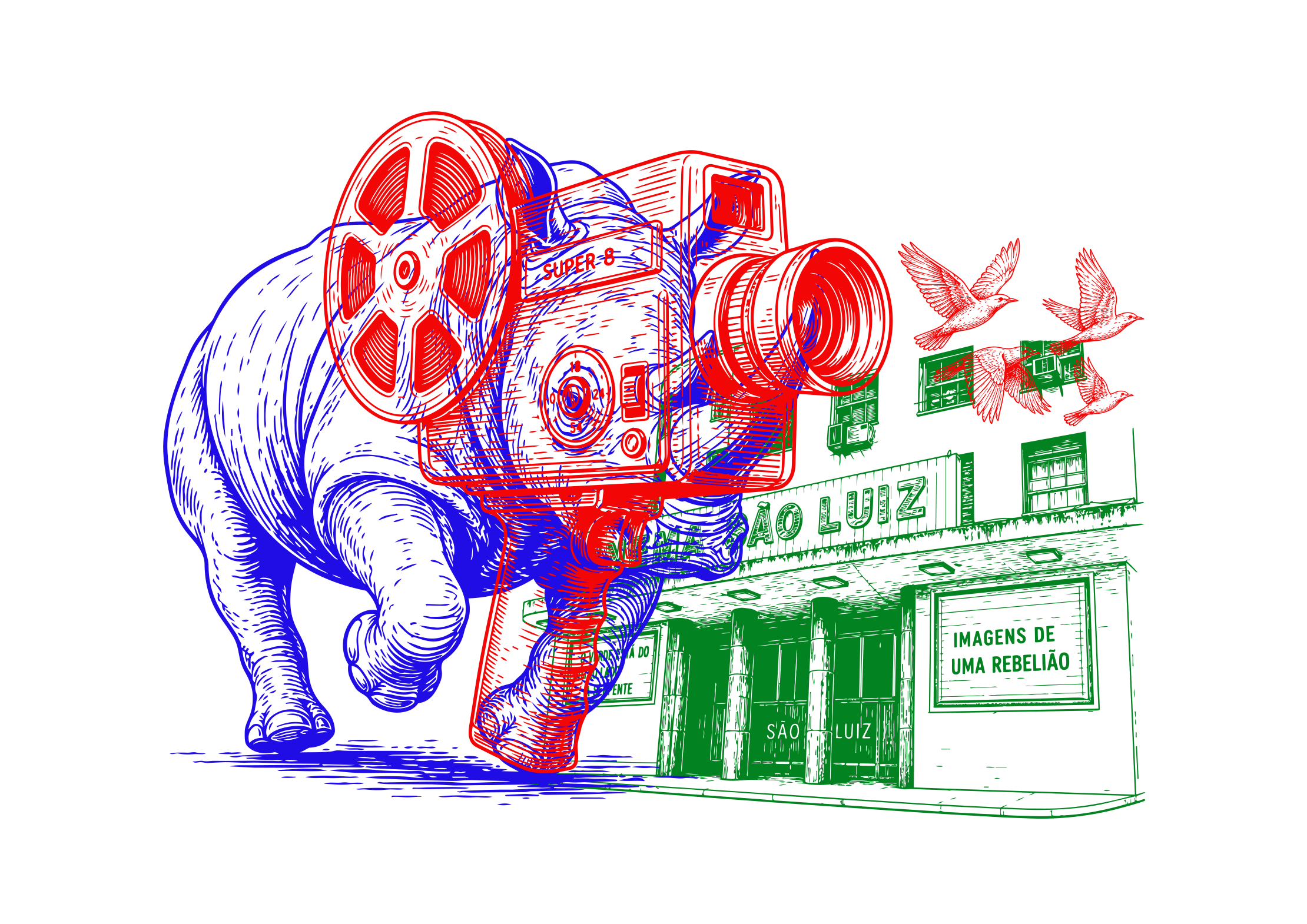 Ilustração de um elefante passando em frente ao Cinema São Luiz. Em sua cabeça tem a sobreposição da imagem de uma câmera de cinema e pássaros voando